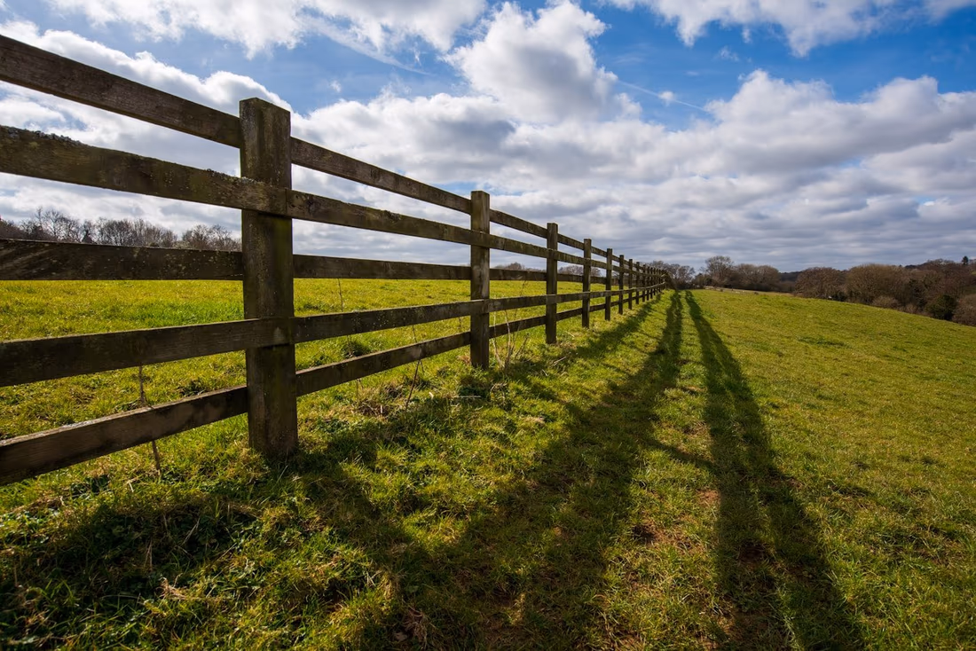 A three-board wooden post and rail fence running away across rolling pasture toward a distant tree line
